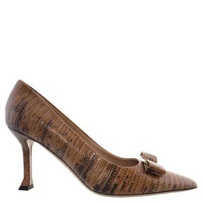 Ferragamo New Vara Sleek Croc-embossed Pumps In Brown