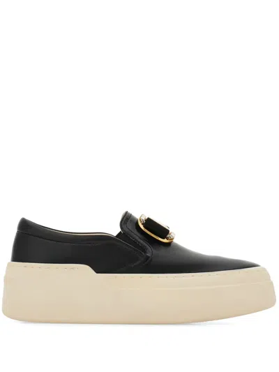 Ferragamo New Vara Plate Slip On With Crystals In Black