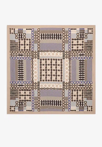 Ferragamo Newkilt Gancini Print Silk Scarf In Beige