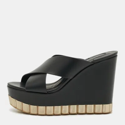 Pre-owned Ferragamo Nicosia Size 36 Black Leather Wedge Sandals