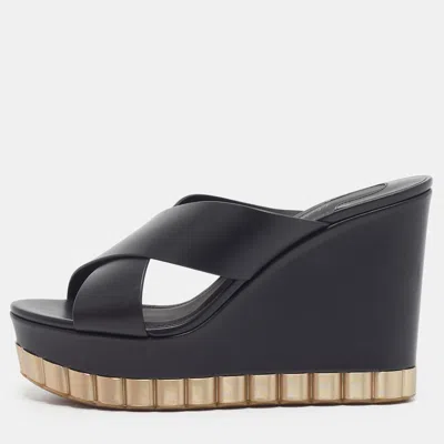 Pre-owned Ferragamo Nicosia Size 39.5 Black Leather Wedge Sandals