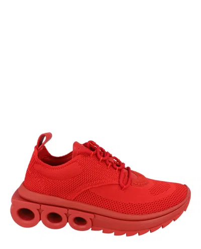 Ferragamo Nima Knit Gancini Low-top Sneakers In Red