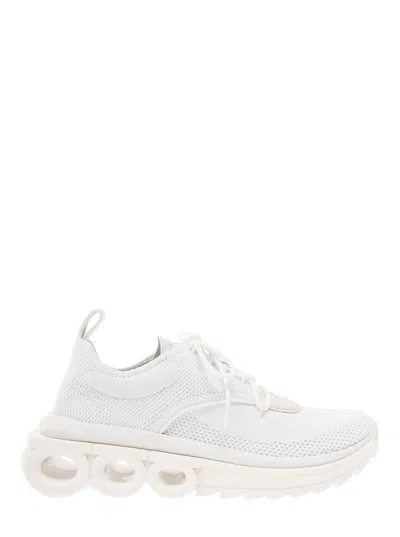FERRAGAMO NIMA WHITE LOW TOP SNEAKERS WITH GANCINI DETAIL IN MIXED MATERIALS WOMAN