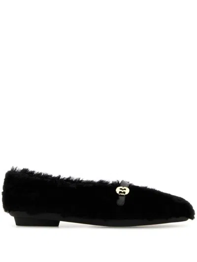 Ferragamo Shearling Texture Ballerinas With Gold-tone Hardware In Black