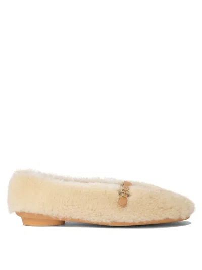 Ferragamo Shearling Ballet Flats With Faux Fur Texture In Neutral