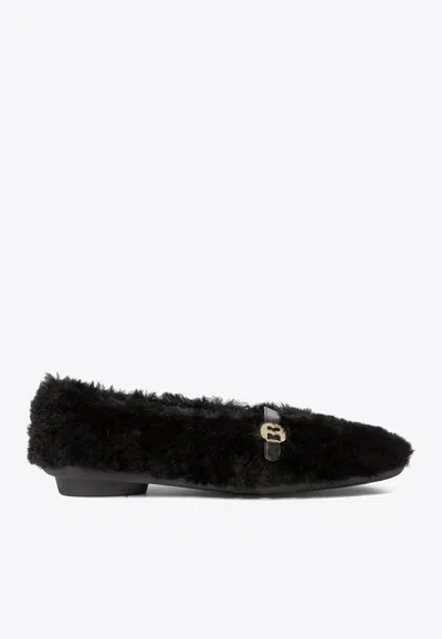 Ferragamo Noella Fur Shearling Ballet Flats In Black