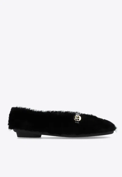 Ferragamo Noella Shearling Ballet Flats In Black