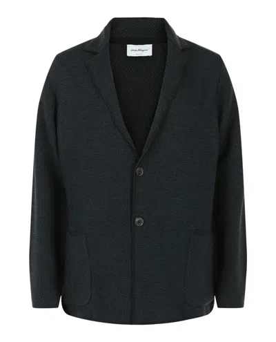 Ferragamo Notched Lapel Wool Cardigan In Black
