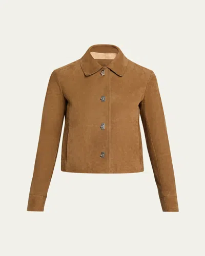 Ferragamo Nubuck Leather Boxy Jacket In Brown