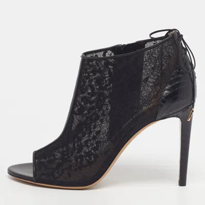 Pre-owned Ferragamo Nufus Size 38 Black Lace And Watersnake Booties