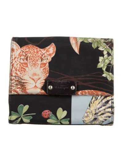 Pre-owned Ferragamo Nylon Animal Print Bifold Wallet In Black