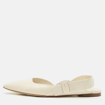 Pre-owned Ferragamo Off White Leather Slingback Flats Size 38