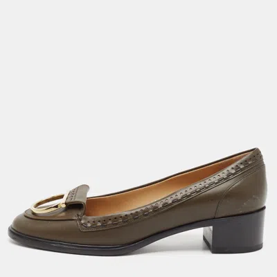 Pre-owned Ferragamo Olive Green Leather Fele Loafer Pumps Size 38