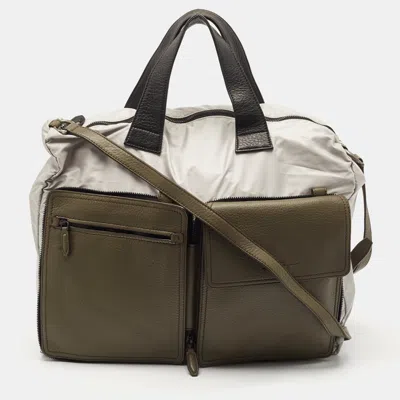 Pre-owned Ferragamo Olive Green/grey Leather And Nylon Pocket Tote