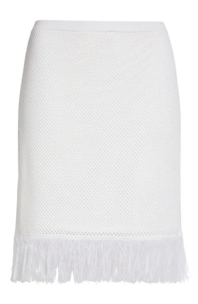 Ferragamo Open Knit Fringe Short Sleeve Virgin Wool Sweater Skirt In White