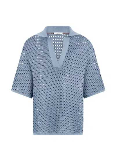Ferragamo Open Knit Polo Shirt In Blue