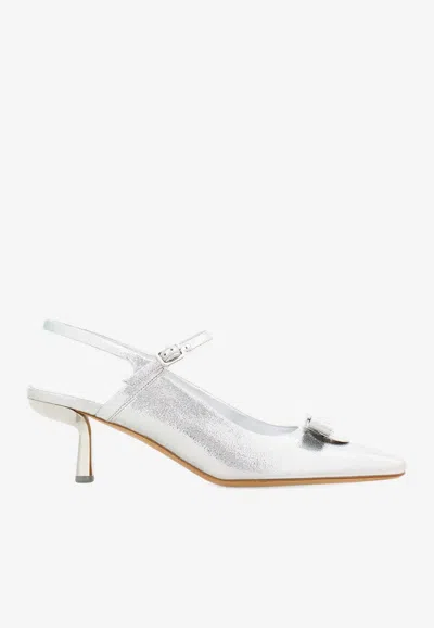 Ferragamo Ophelia 55 Drop Bow Metallic Leather Sandals In Silver