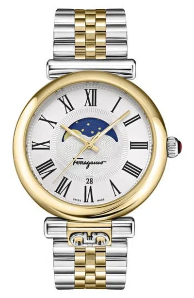 Ferragamo Ora Moonphase Two-tone Bracelet Watch, 40mm In Metallic