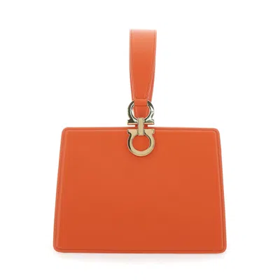 Ferragamo Orange Clutch With Gancini Clasp And Leather Handle For