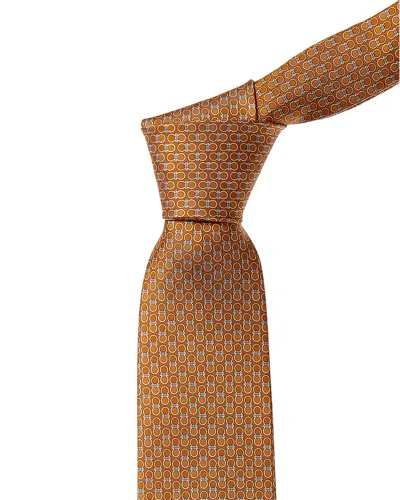 Ferragamo Orange Gancini Silk Tie In Brown