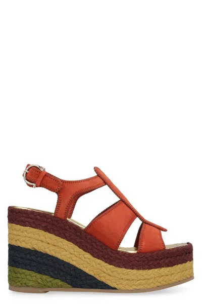 Ferragamo Orange Jute Wedge Espadrilles For Women With Adjustable Ankle Strap And Platform In Gold