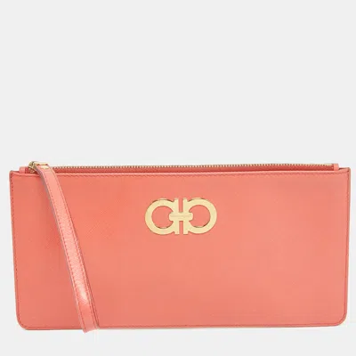 Pre-owned Ferragamo Orange Leather Gancini Wristlet Clutch