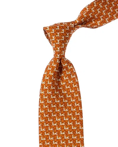 Ferragamo Orange Mustang Silk Tie In Brown