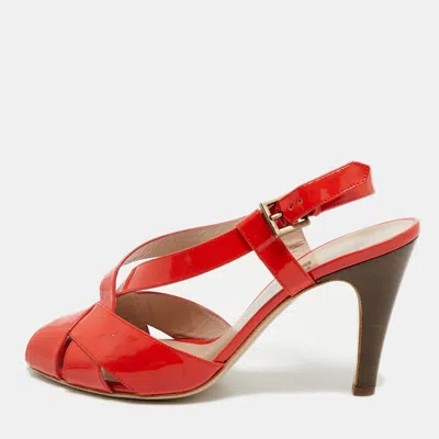 Pre-owned Ferragamo Orange Patent Peep Toe Slingback Pumps Size 38.5