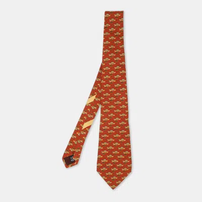Pre-owned Ferragamo Orange/yellow Lion Print Motif Silk Tie