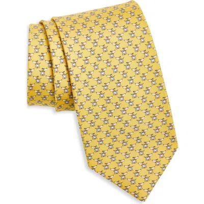 Ferragamo Oreste Dog Gancini Print Silk Tie In Yellow