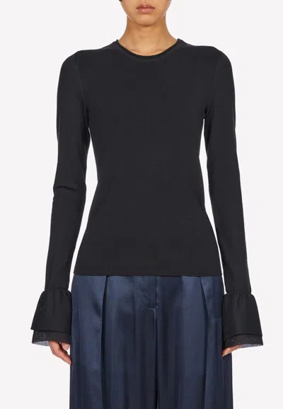 Ferragamo Organza Cuffs Wool Sweater In Black