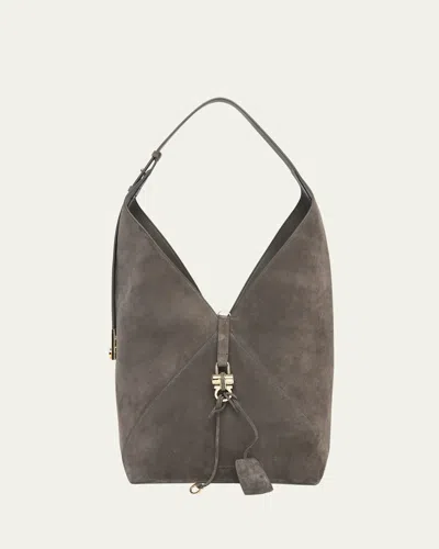 Ferragamo Origami Suede Hobo Tote Bag In Concrete