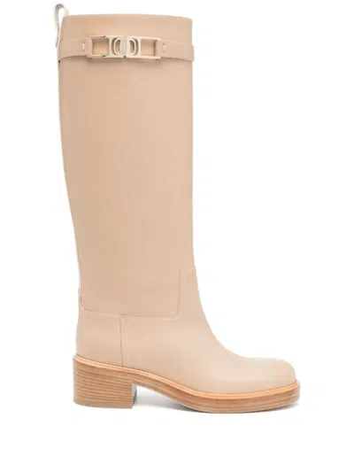 Ferragamo Ornament Square Gancini Boots In Brown