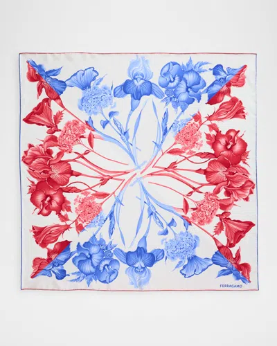 Ferragamo Ortensie Printed Silk Scarf In Rosso Blu
