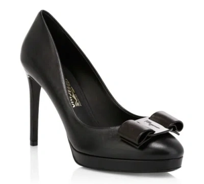 Pre-owned Ferragamo Osimo Black Leather Vara Bow Logo Platform Pumps 9.5 B