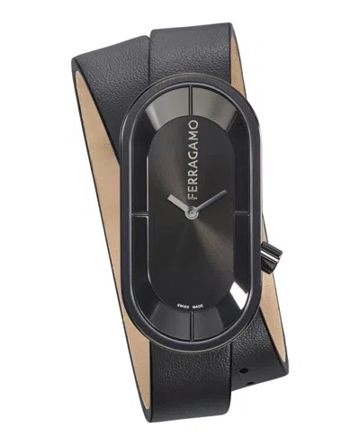 Ferragamo Oval Black Leather Strap Watch With Sunray Dial
