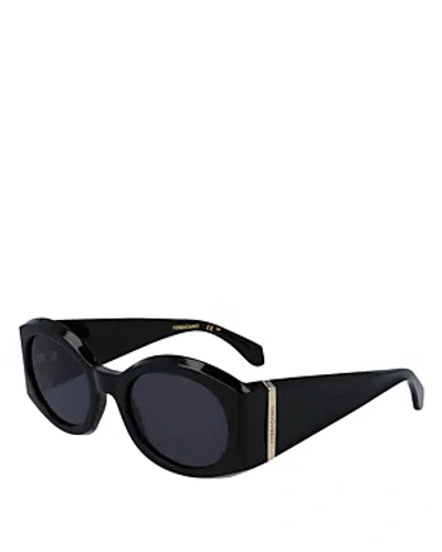 Ferragamo Sculptural Plastic Oval Sunglasses In Black/gray Solid