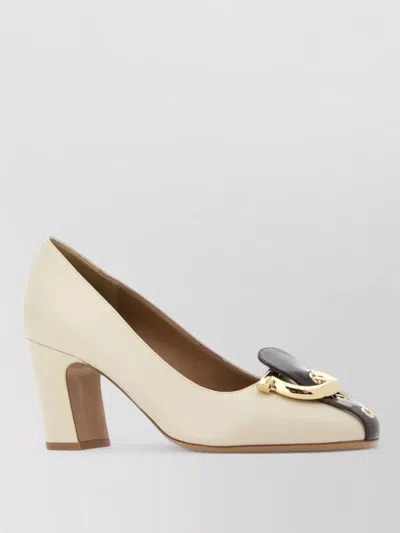 Ferragamo Oxide 70 Pumps Block Heel Gold Hardware In White