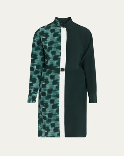 Ferragamo Painted Colorblock Silk Shirtdress In Green
