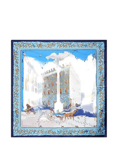 Ferragamo Palazzo Spini Feroni Graphic-print Silk Scarf In Blue