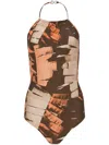 Ferragamo Palm-print Halterneck Swimsuit In Braun