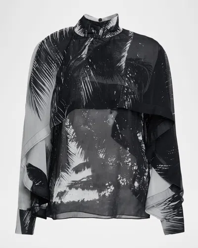 FERRAGAMO PALM-PRINT SILK CHIFFON CAPE BLOUSE