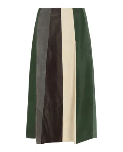 Ferragamo Paneled Multicolor Leather And Suede Midi Skirt In Green