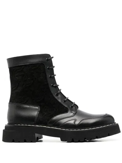 Ferragamo Panelled Leather Lace-up Boots In Black