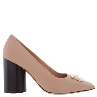 Ferragamo Pania Pump With Bejeweled Gancini Ornament In Neutral