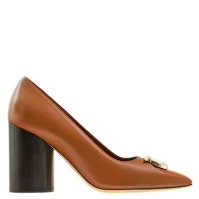 Ferragamo Pania Pump With Bejeweled Gancini Ornament In Brown
