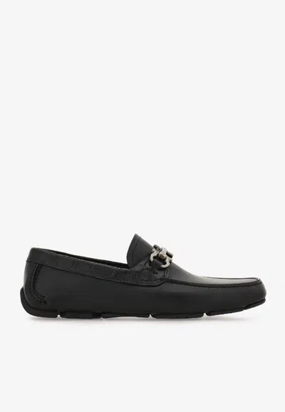 Ferragamo Gancini Ornament Driver Loafers In Black