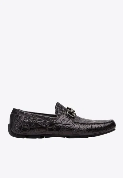 Ferragamo Parigi Croc-embossed Leather Loafers In Black
