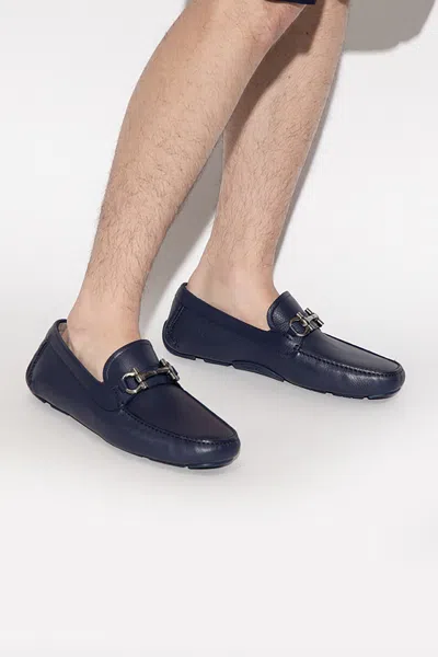 Ferragamo Leather Loafers With Metal Bit Detail In Blue