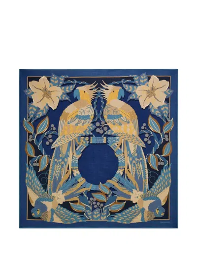 Ferragamo Parrots Print Cashmere Shawl In Blue
